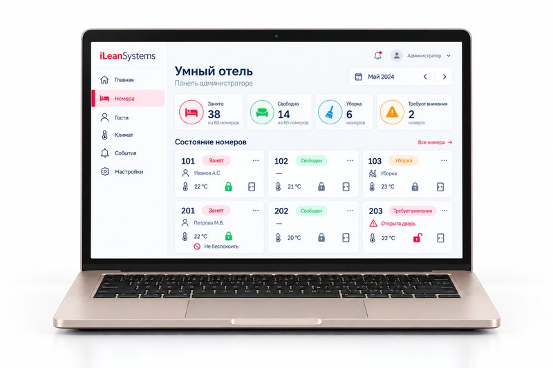 Панель администратора умного отеля iLeanSystems на ноутбуке: занятые и свободные номера, номера на уборке, температура и состояние замка по каждому номеру